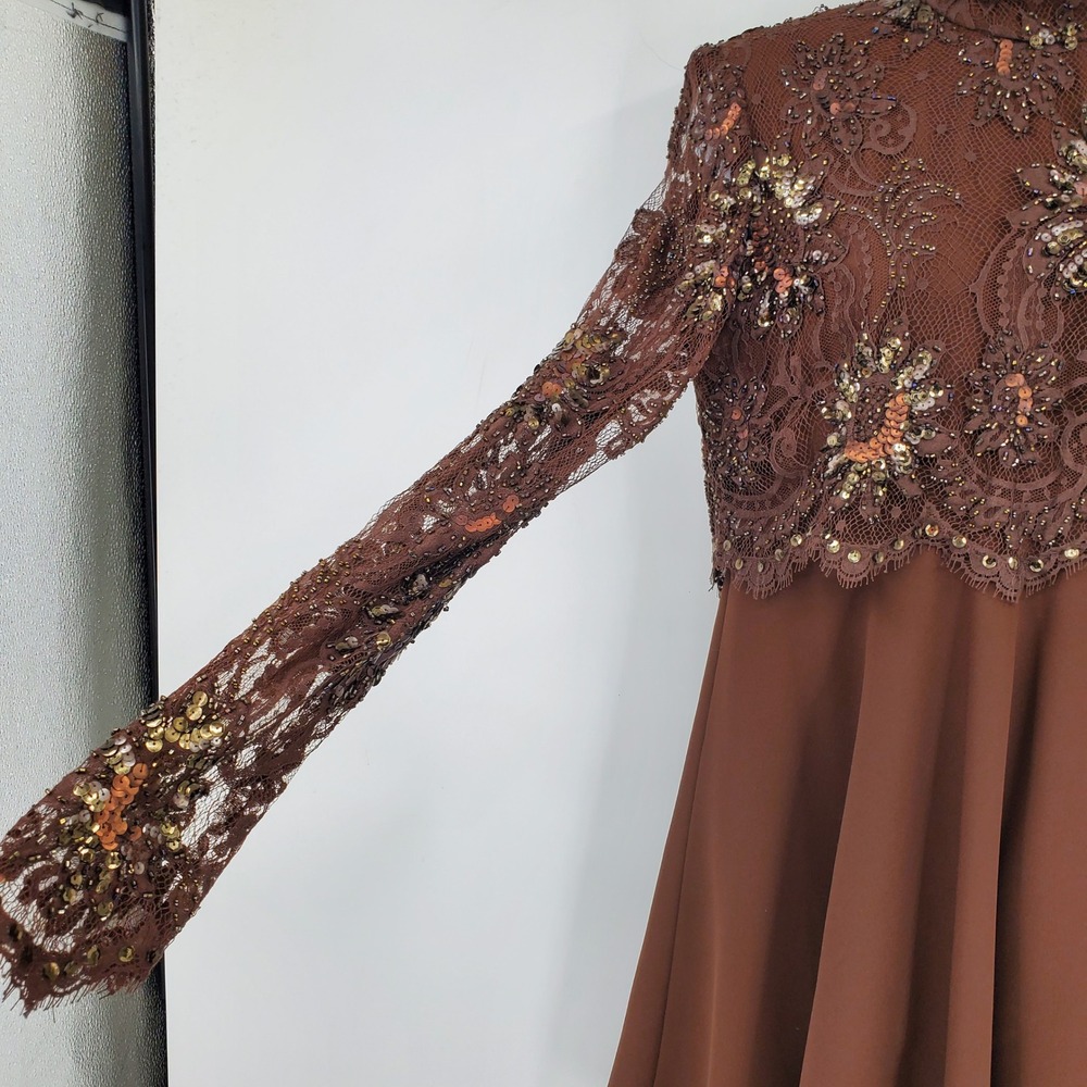 Jour Et Nuit Jackie Bernard Brown Beaded Lace Georgette Mock Neck Dress 4 Formal - Picture 2 of 10